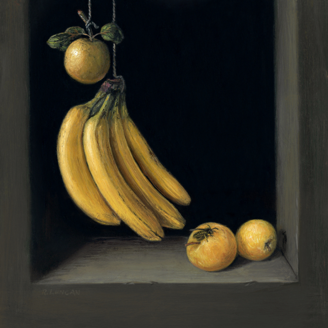Summer, Suspended in Yellow still life painating with fruit by Rebecca Luncan